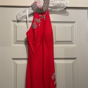 Sherri Hill Red Backless Dress with Silver Embellishments